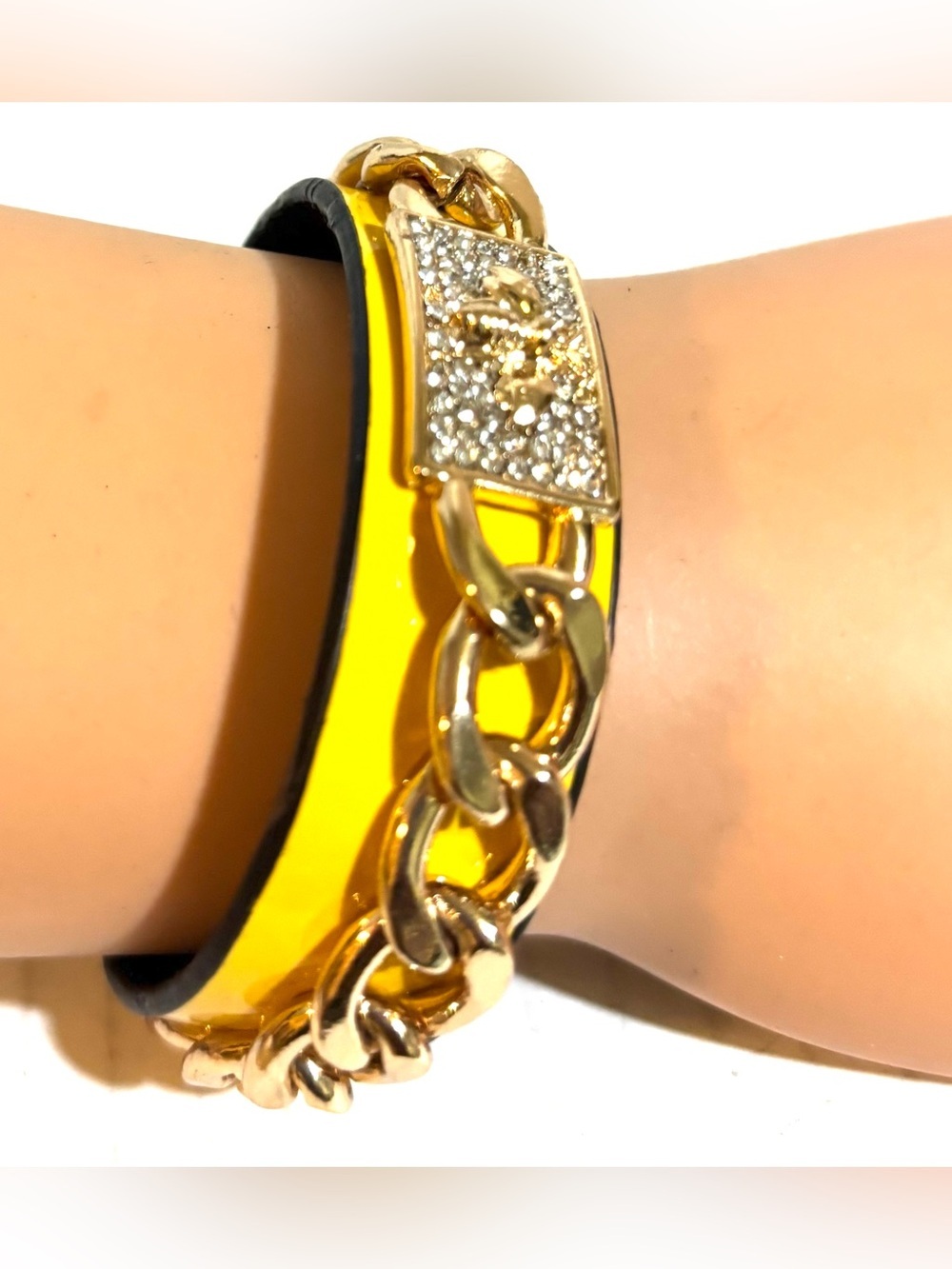 Yellow Gold-Tone Chain & Enamel Women's Bracelet